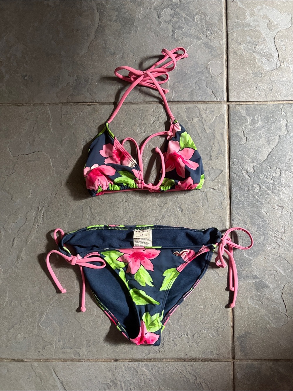 Hollister Navy Floral Tie-String Bikini with Pink & Green Accents